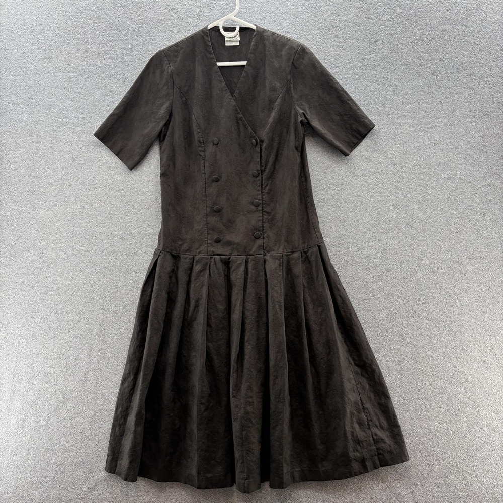 VTG Laura Ashley Dress 12 Black Floral Jacquard Drop Waist Midi Great Britain